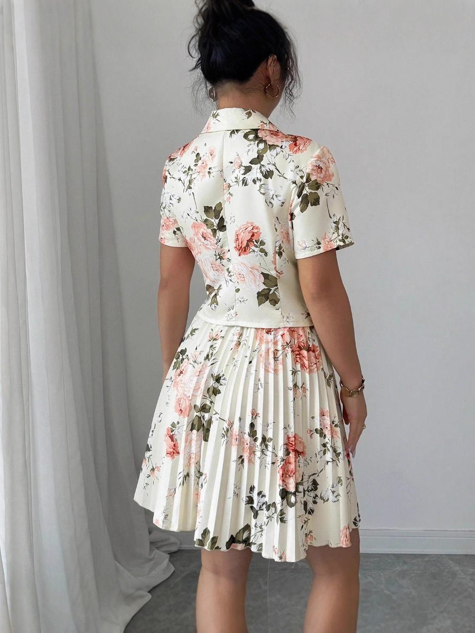 New Spring Autumn Women Fashion Two Piece Dress Set Elegant Floral Print Casual Top High Waist Midi Skirt Matching Outfit Lady Casual Party Daily Wear