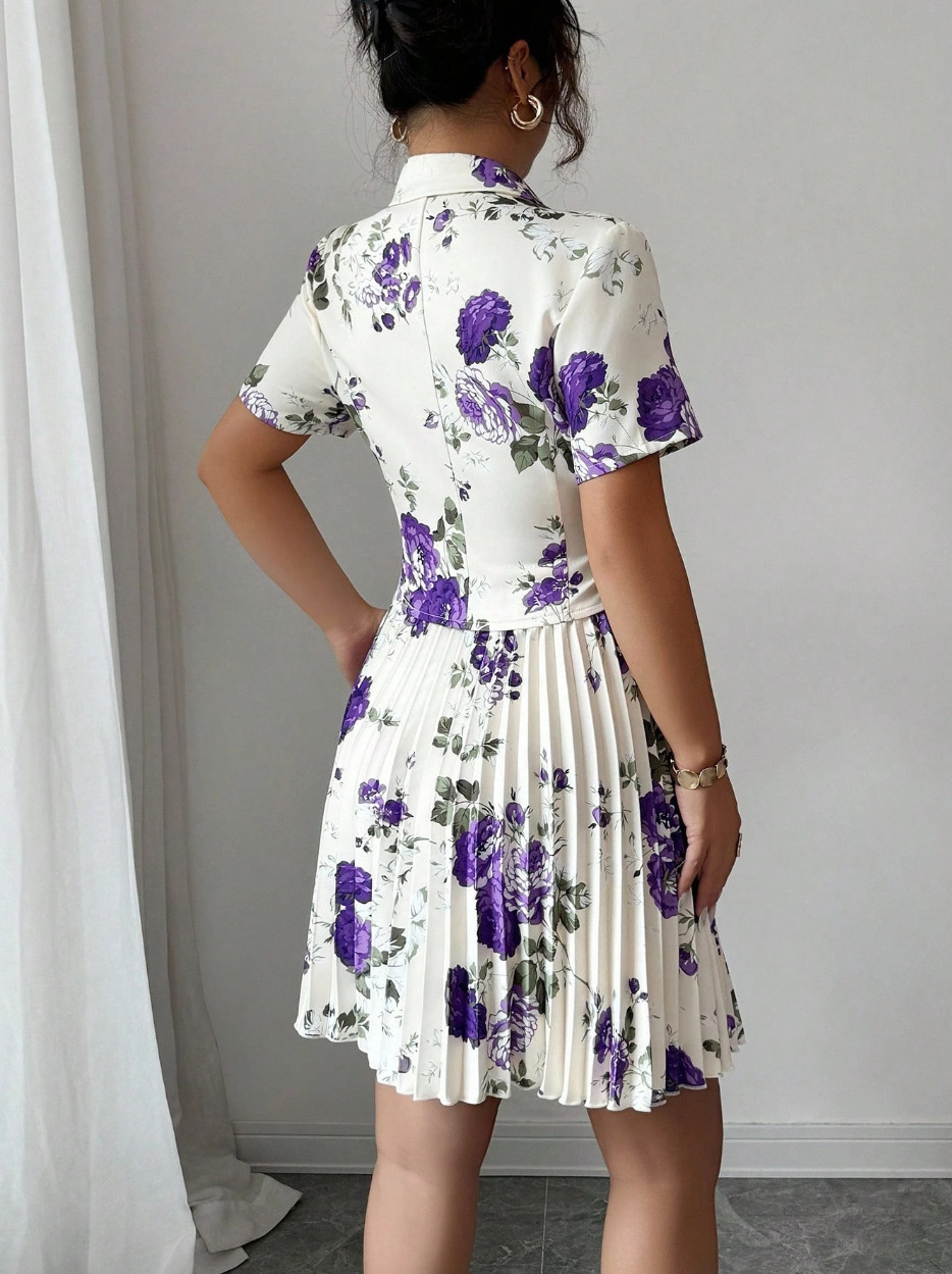 New Spring Autumn Women Fashion Two Piece Dress Set Elegant Floral Print Casual Top High Waist Midi Skirt Matching Outfit Lady Casual Party Daily Wear