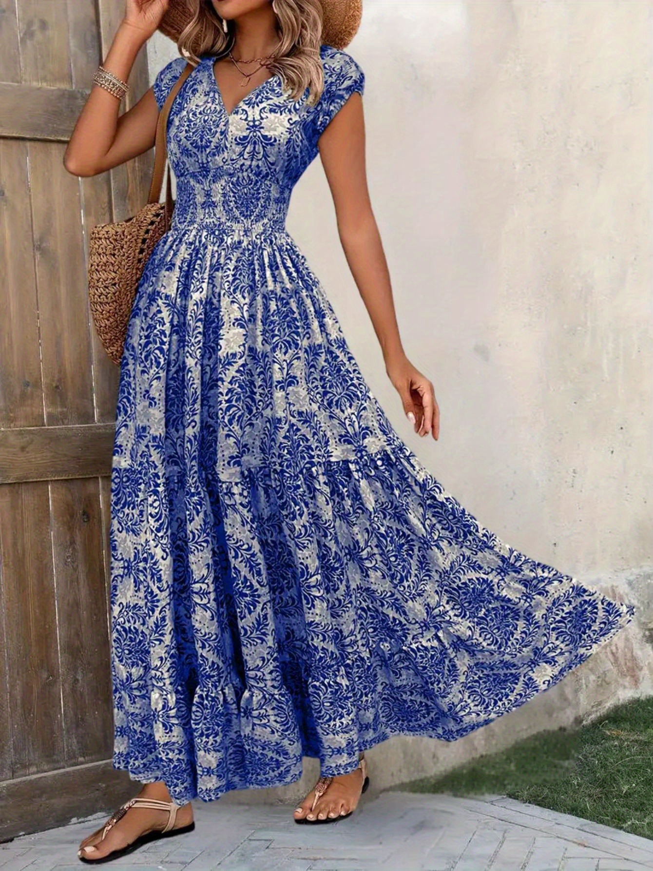 New summer women printed long dress v neck long sleeve loose swing elegant casual ladies evening party dress