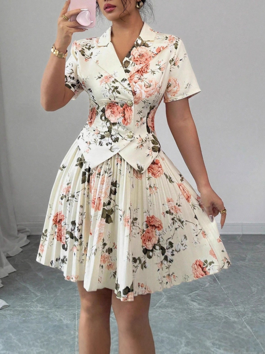New Spring Autumn Women Fashion Two Piece Dress Set Elegant Floral Print Casual Top High Waist Midi Skirt Matching Outfit Lady Casual Party Daily Wear