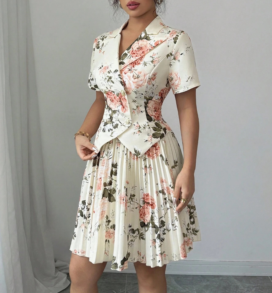 New Spring Autumn Women Fashion Two Piece Dress Set Elegant Floral Print Casual Top High Waist Midi Skirt Matching Outfit Lady Casual Party Daily Wear