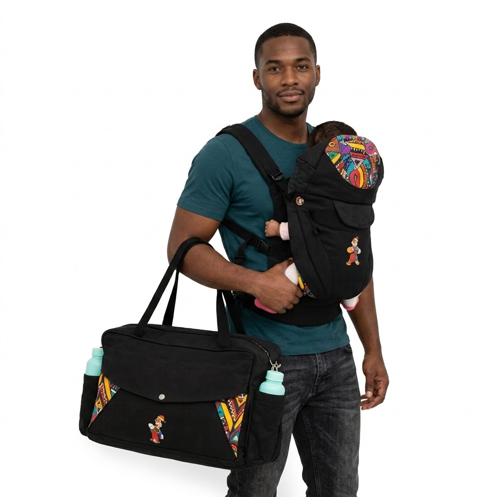 2-in-1 Baby Travel Combo – Ergonomic Baby Carrier + Large Ankara Diaper Bag