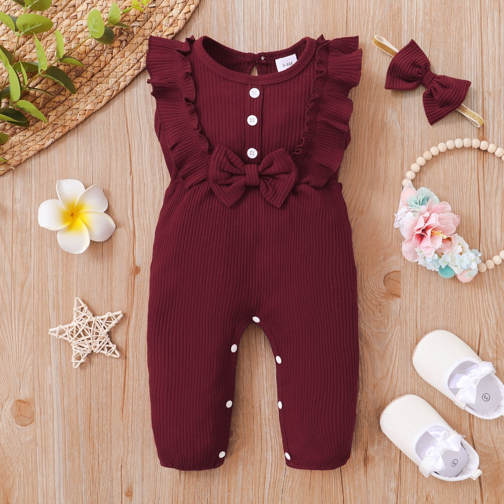 0-18 Month Newborn Baby Girl Sleeveless Ribbed Romper with Headwear/ Toddler Baby Girl Solid Color Basic Style Jumpsuit/ NewYear Fashion Baby Clothes