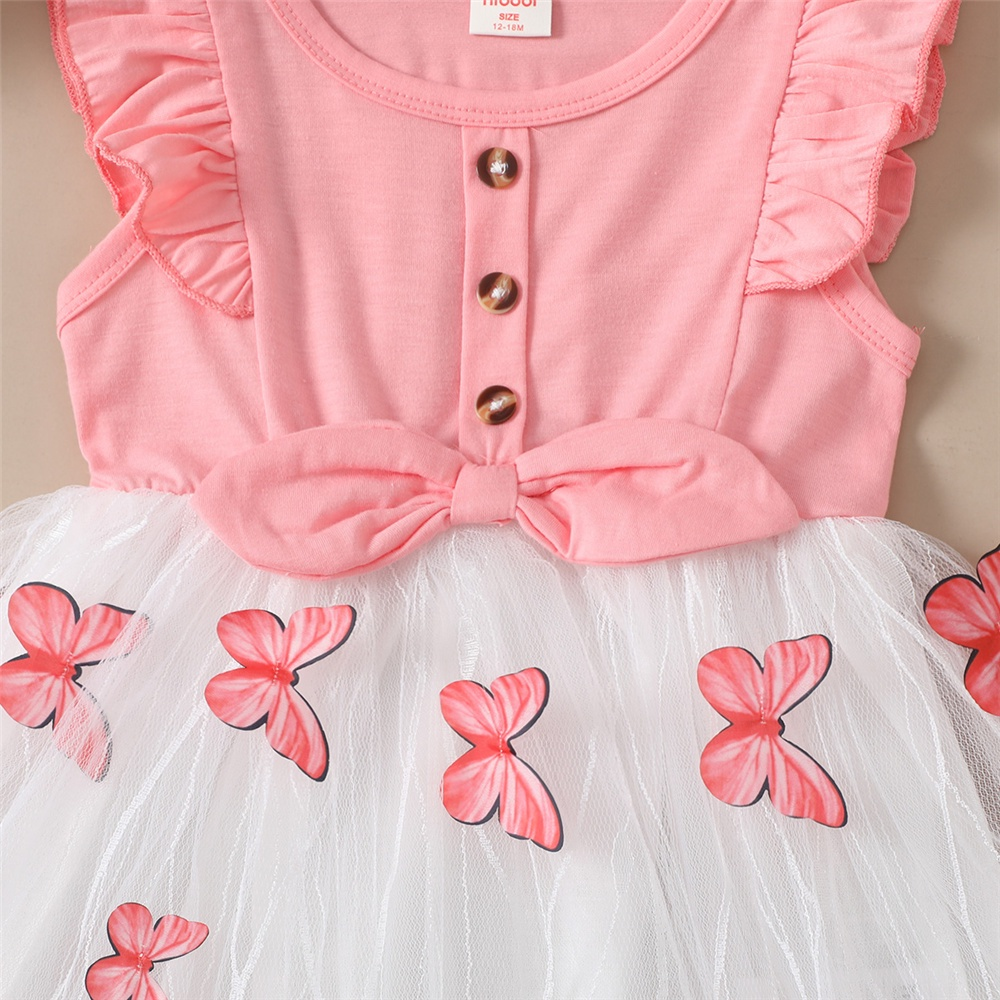 1-5Years Kids Girl Princess Dress Pink Butterfly Design Ruffle Sleeveless Tulle Dress Toddler Baby Girl Birthday Partywear Fashion Summer Sundress Beachwear
