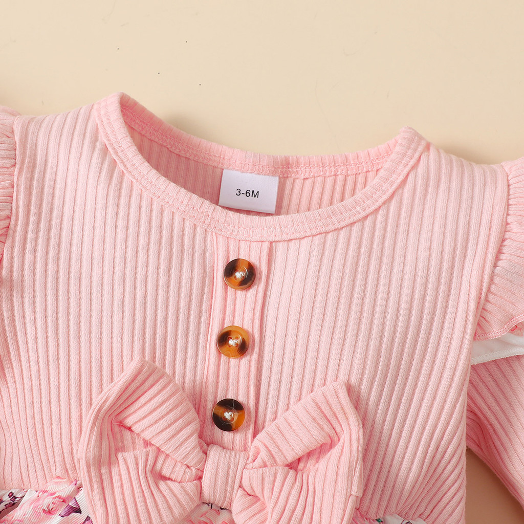 0-18 Months Romper Baby Girl 2 Clothes Set Toddler Baby Girl Pink Long Sleeved Ribbed Bodysuit Fly Sleeve Floral Skirt Infant Baby Wear Party Photograph Fashion Cute Outfit
