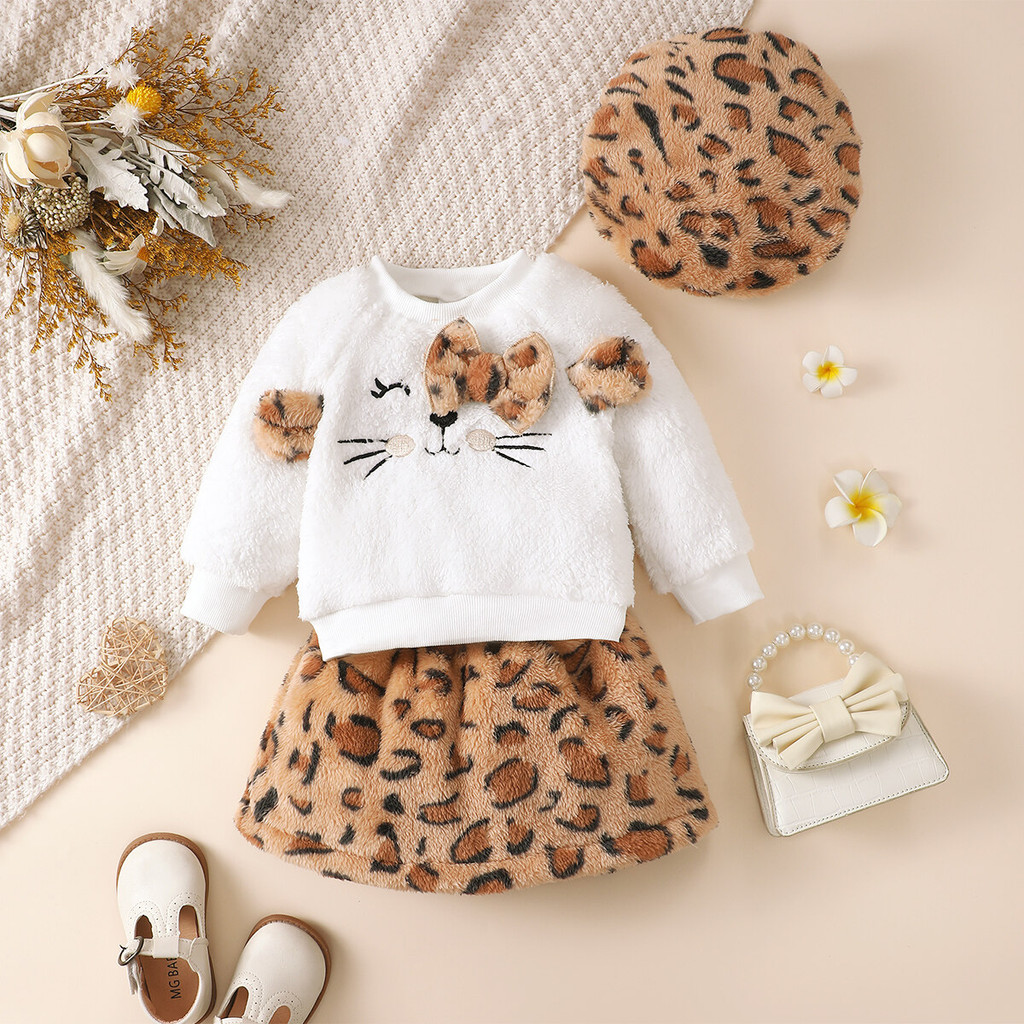 0-3 Years Toddler Baby Girl 3pcs Winter Clothing Set Cat Print Long Sleeved Shirt Leopard Skirt with Hat Fashion Cute Style Infant Baby