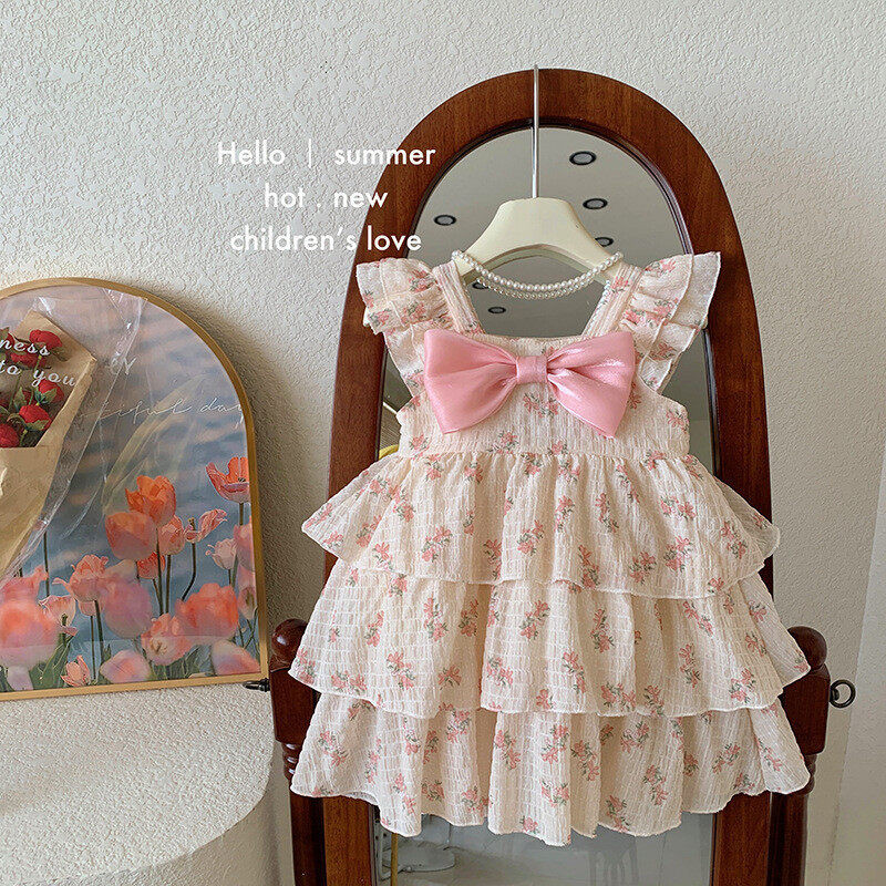 1-6Years Kid Girl Princess Dresses Sleeveless Sling Ruffle Floral Print Tiered Dress Fashion Cute Style Child Girl Daily Party Wear