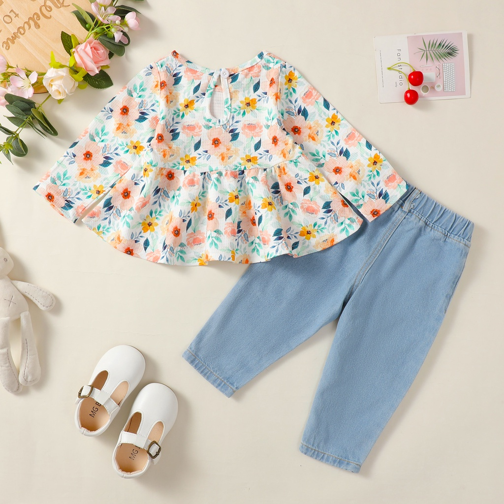 Suits for 1-4 Years Toddler Baby Girl Denim 2PCS Long Sleeve Fresh Floral Blouse with Ripped Holes Jeans Leisure Retro Design Baby Clothing