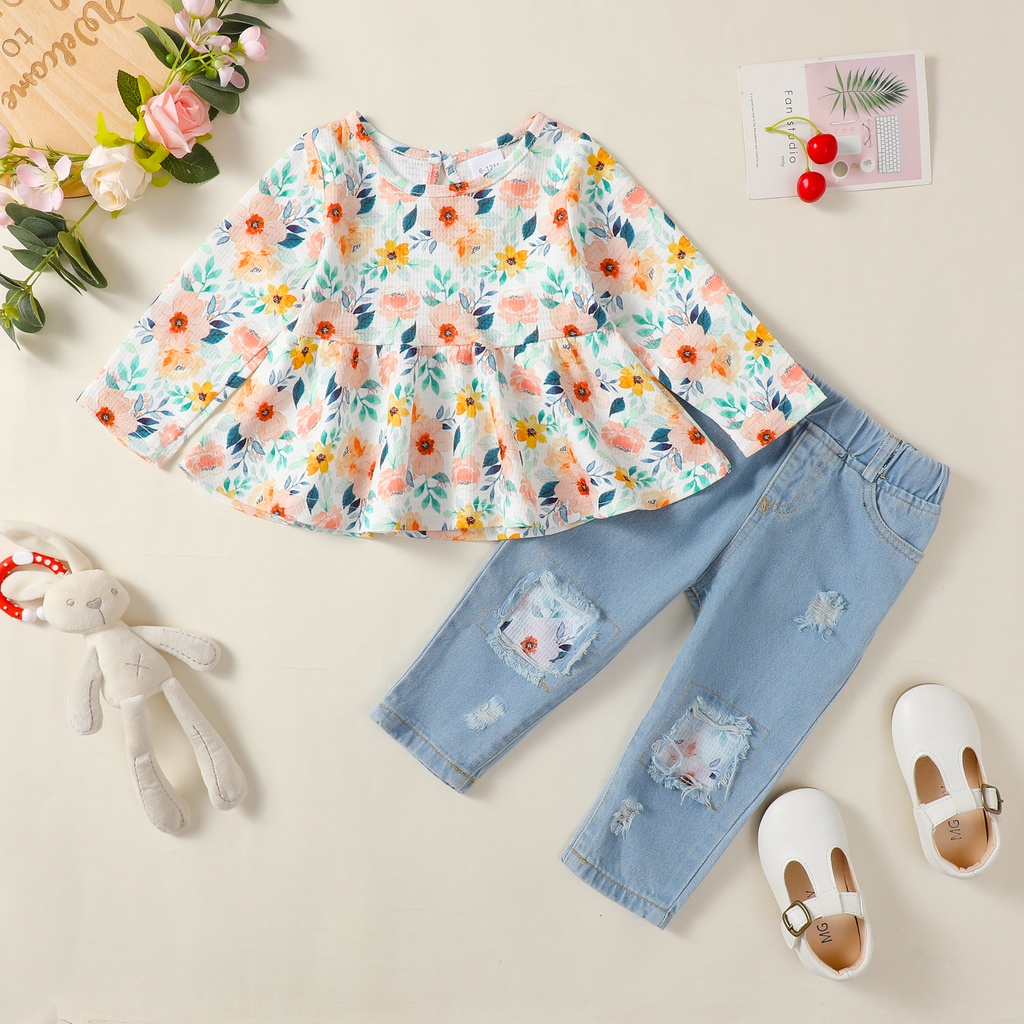 Suits for 1-4 Years Toddler Baby Girl Denim 2PCS Long Sleeve Fresh Floral Blouse with Ripped Holes Jeans Leisure Retro Design Baby Clothing