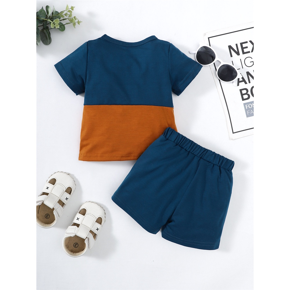 1-4 Years Kids Boy Summer Short Sleeved Suit 2PCS Clothes Set Brown Pocket Patchwork Plain Color T-shirt + Blue Shorts Sport Style All Match Casual Fashion Birthday Party Outfit