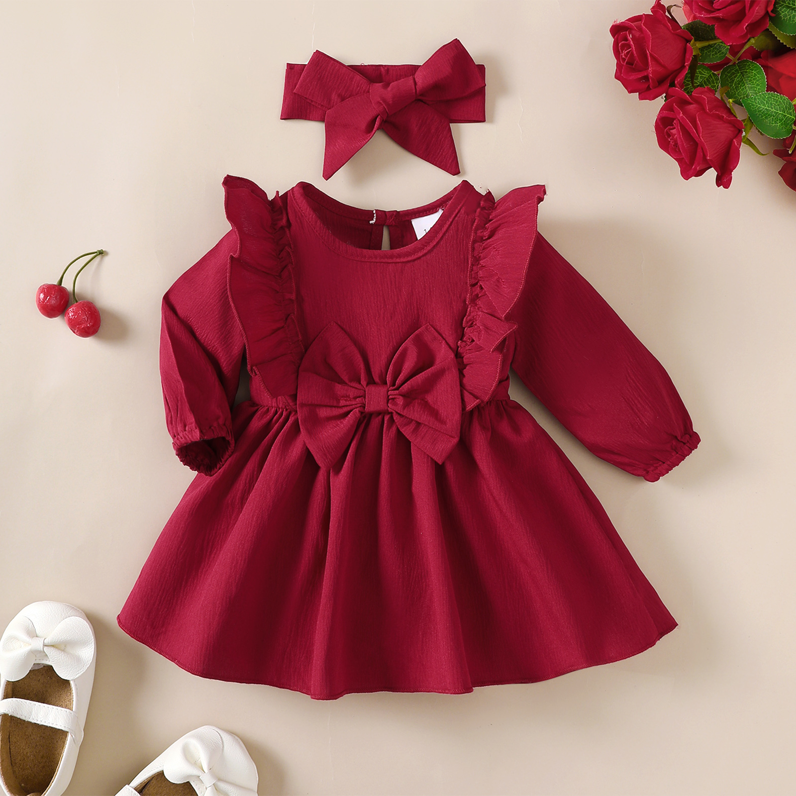 Dress for 1-18Months Newborn&Toddler Baby Girl Dress with Ruffled Edges and Bow, Long Sleeved Dress and Headband Set