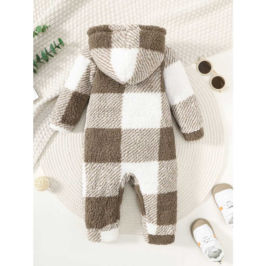 【3-24M】 Baby Boy Khaki Plaid Hooded Fleece Jumpsuit | Autumn Winter Warm Crawling Suit | Plush Long-Sleeve Outdoor Romper for Infants