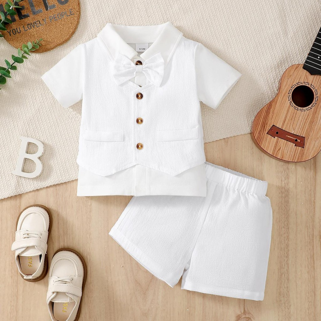 【 0-18 Months 】 White Short Sleeve Set for Baby Boy | Gentleman's Tie Short Sleeve Top+Versatile Shorts | Newborn Gift Box Set | Cool Summer Dressing for Baby