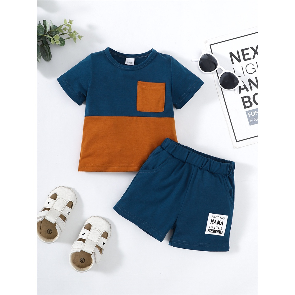 1-4 Years Kids Boy Summer Short Sleeved Suit 2PCS Clothes Set Brown Pocket Patchwork Plain Color T-shirt + Blue Shorts Sport Style All Match Casual Fashion Birthday Party Outfit