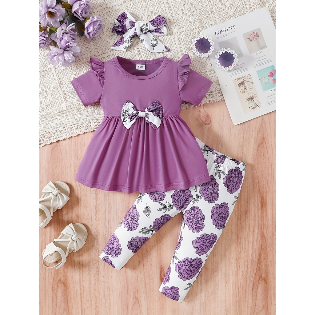 0-3 Years Newborn Baby Girl Short Sleeve Tops Dress And Cartoon Long Pants Outfit 2pcs Toddler Infant Clothing Set Fashion Kid Girl Korean Style Birthday Party Clothes Fashion