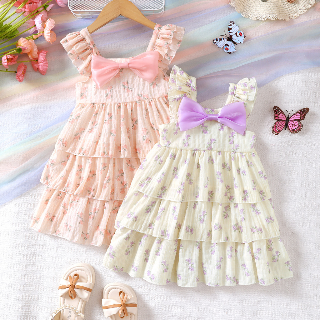 1-6Years Kid Girl Princess Dresses Sleeveless Sling Ruffle Floral Print Tiered Dress Fashion Cute Style Child Girl Daily Party Wear