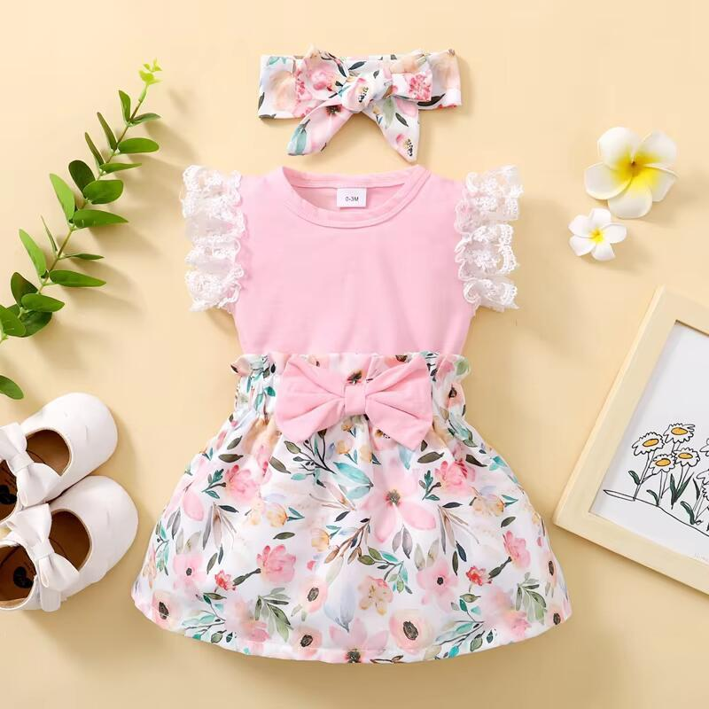 【 0-18 Months 】 Baby Girl Summer Dress Pink Lace Sleeveless Ha Yi Set | Lace Edge Strap Top+Flower Printed Short Skirt | Baby Princess Skirt Set