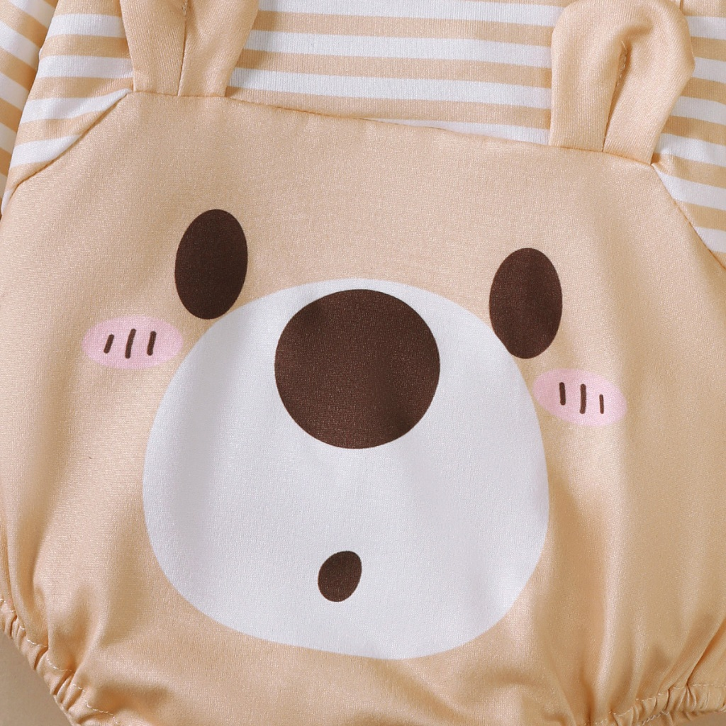 【 1-18 months 】 Baby khaki long sleeved jumpsuit | Cartoon bear print hooded crawling suit | Spring and Autumn baby jumpsuit | Soft and skin friendly baby clothes