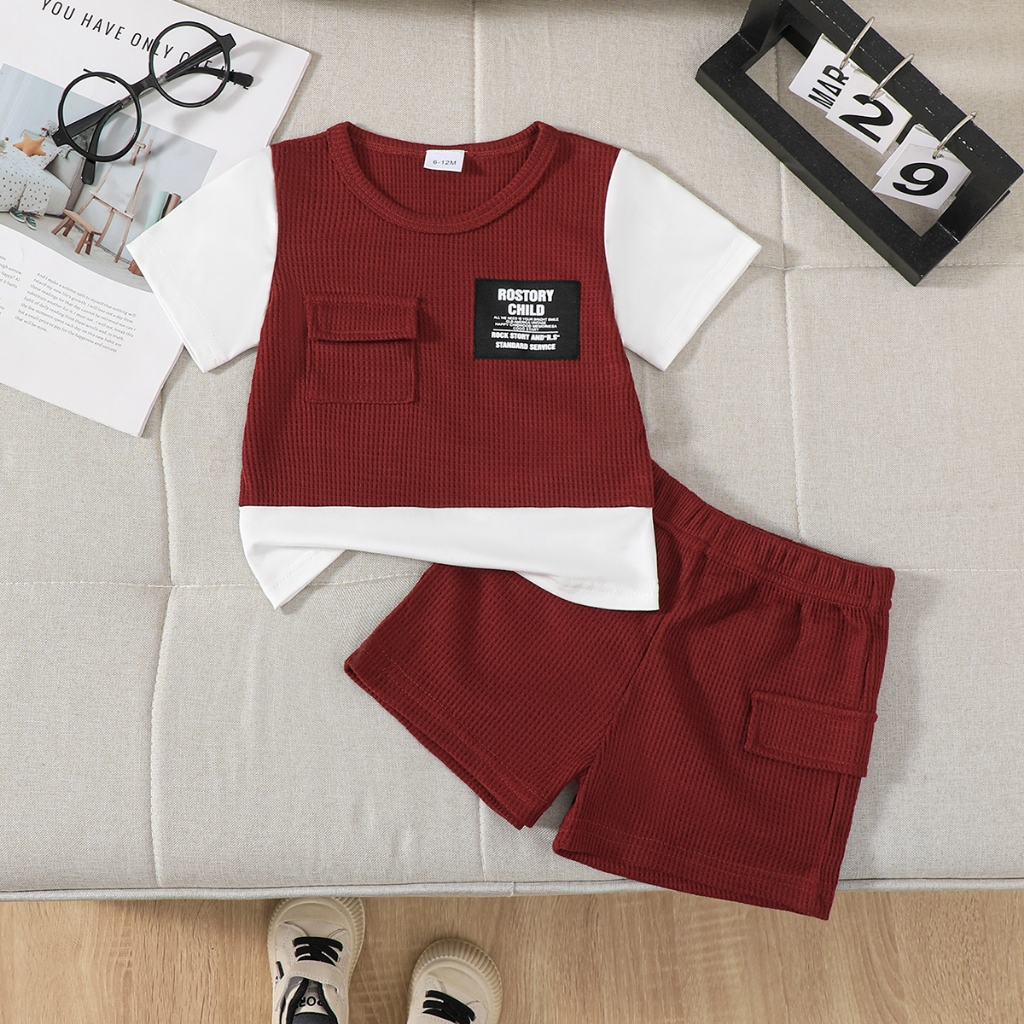 【6M-3Y】 2-Piece Baby Boys Outfit: Waffle Knit Color-Block T-Shirt with Letter Print + Matching Shorts with Cargo Pockets – Summer Casual Set
