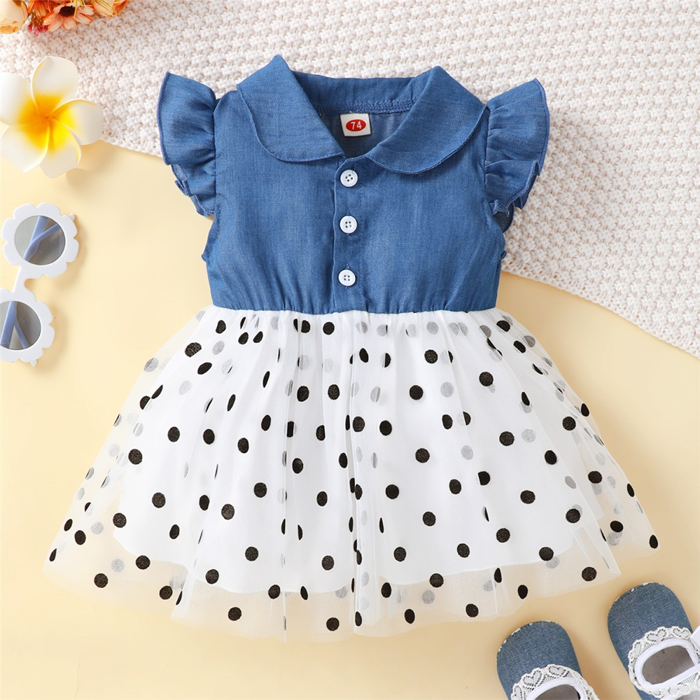 【 1-6Y 】 Girl's flying sleeve polka dot mesh dress, baby princess dress, baby's summer breathable mesh dress, 1-6 year old little girl's birthday party dress, sweet fluffy dress