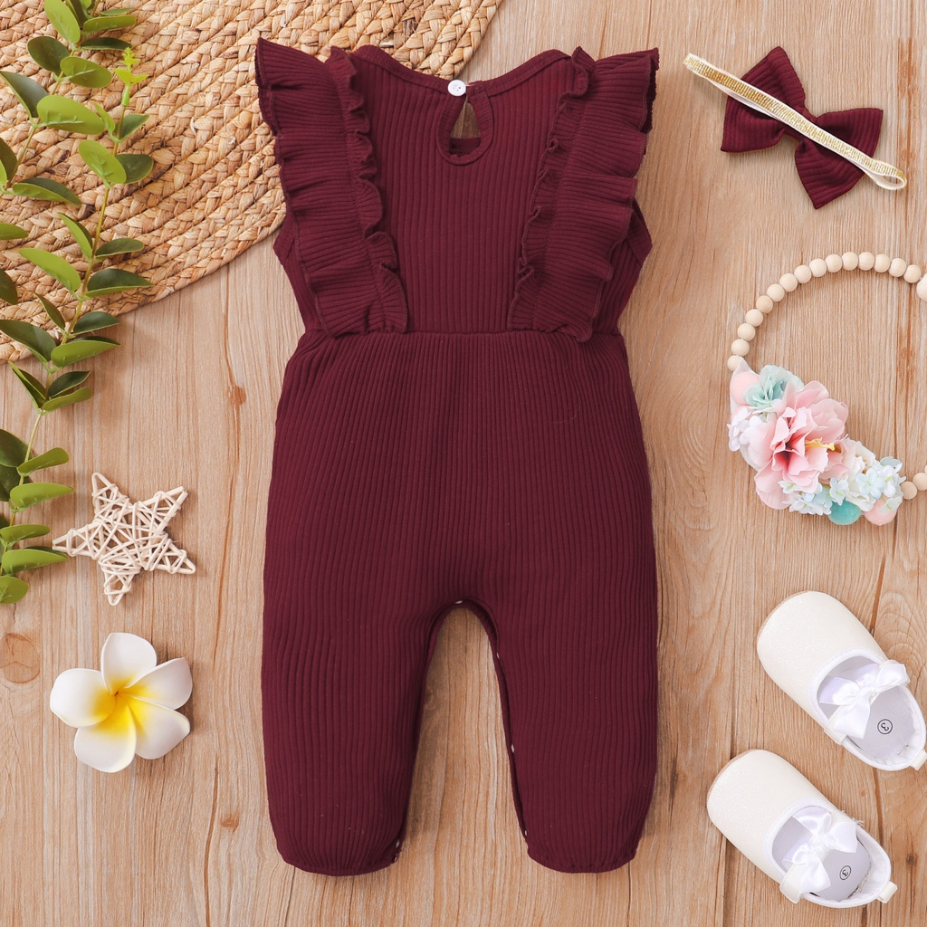 0-18 Month Newborn Baby Girl Sleeveless Ribbed Romper with Headwear/ Toddler Baby Girl Solid Color Basic Style Jumpsuit/ NewYear Fashion Baby Clothes