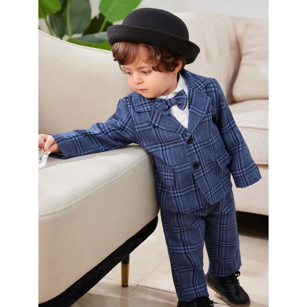 Baby Boy 3-18Months Plaid Formal Suit Set, Infant Gentleman Blazer + Pants + Bow Tie Outfit for Wedding Baptism Party