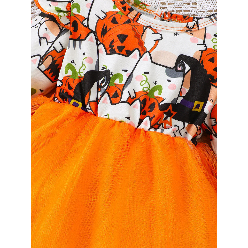Mikrdoo Halloween Costome Newborn Toddlers Girl Dress 0-3Years Long Flutter Sleeve Lace Skirt Lovely Pumpkin Print Girl Baby Clothing