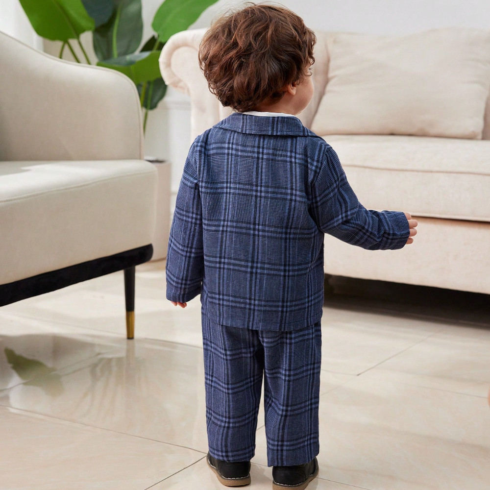 Baby Boy 3-18Months Plaid Formal Suit Set, Infant Gentleman Blazer + Pants + Bow Tie Outfit for Wedding Baptism Party