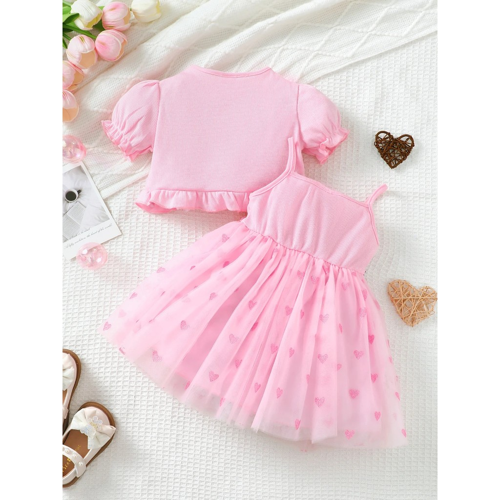 Dresses for 0-3Years Toddler Baby Girl 2pcs Clothing Set Pink Short Sleeved Cardigan Sling Flower Embroidered Love Mesh Dress Fashion Cute Style Infant Baby Daily Outfit