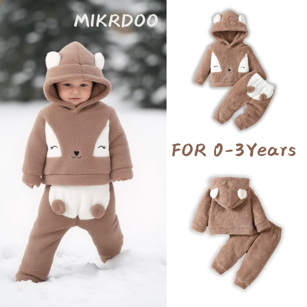 0-3 Years Toddler Baby  Girl Winter Clothes Set Brown Bear Velvet Long Sleeved Hooded Sweatshirt with Pants