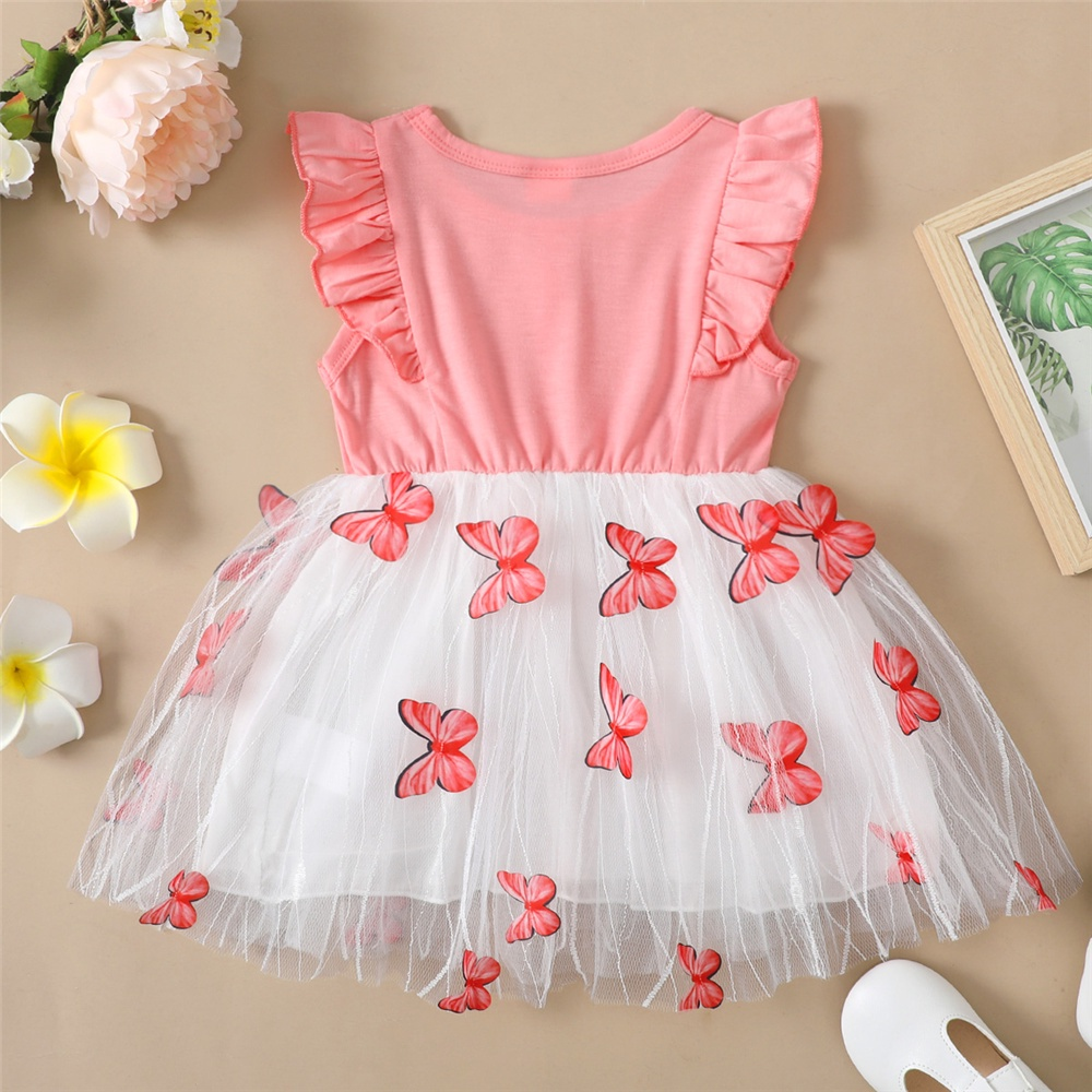 1-5Years Kids Girl Princess Dress Pink Butterfly Design Ruffle Sleeveless Tulle Dress Toddler Baby Girl Birthday Partywear Fashion Summer Sundress Beachwear