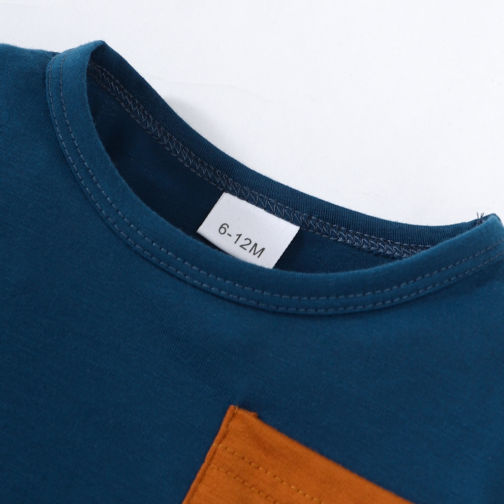 1-4 Years Kids Boy Summer Short Sleeved Suit 2PCS Clothes Set Brown Pocket Patchwork Plain Color T-shirt + Blue Shorts Sport Style All Match Casual Fashion Birthday Party Outfit