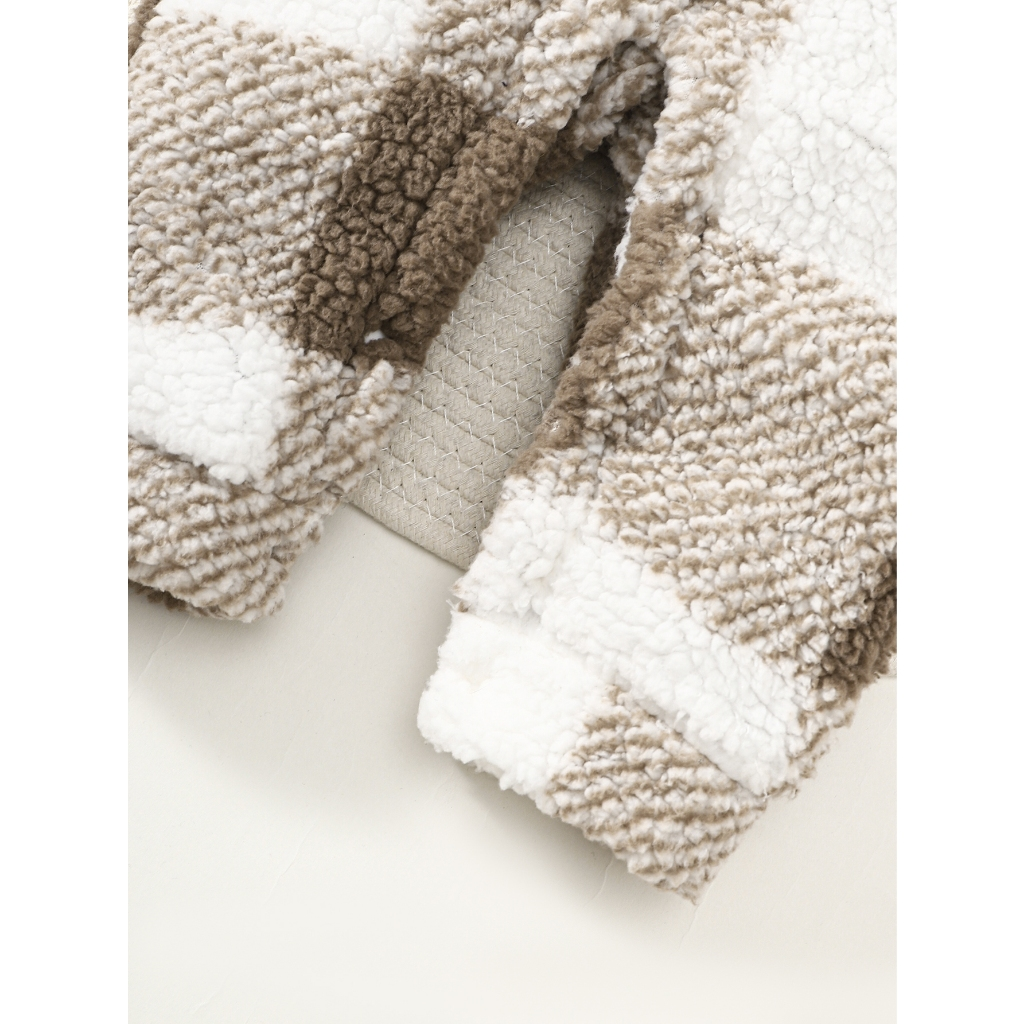 【3-24M】 Baby Boy Khaki Plaid Hooded Fleece Jumpsuit | Autumn Winter Warm Crawling Suit | Plush Long-Sleeve Outdoor Romper for Infants