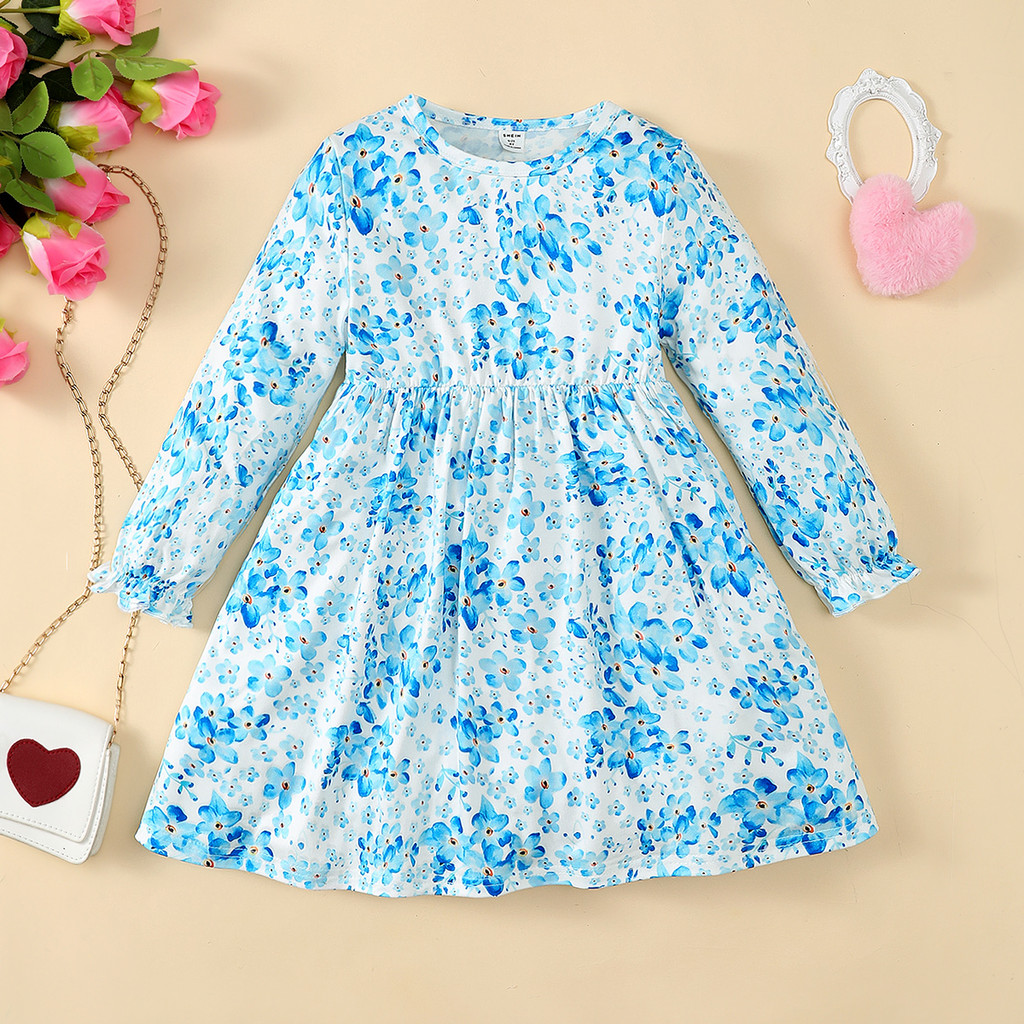 【2-7 Years】 Kids Girl Blue Floral Long-Sleeve Dress | A-Line Casual Princess Dress for Autumn