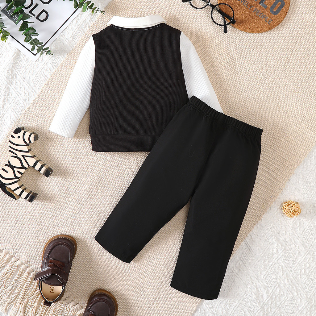 Baby Boys Formal Suit 2Pcs (Shirt + Pants) with Bow Tie for 6M-3Yrs Kids, Black Gentleman Outfit for Wedding/Party/Photoshoot