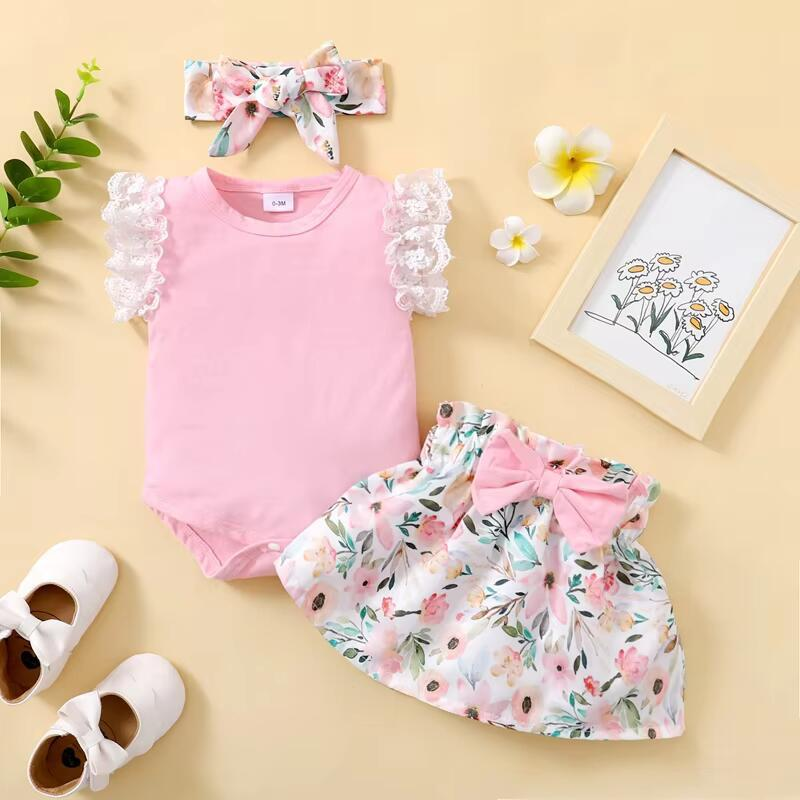 【 0-18 Months 】 Baby Girl Summer Dress Pink Lace Sleeveless Ha Yi Set | Lace Edge Strap Top+Flower Printed Short Skirt | Baby Princess Skirt Set