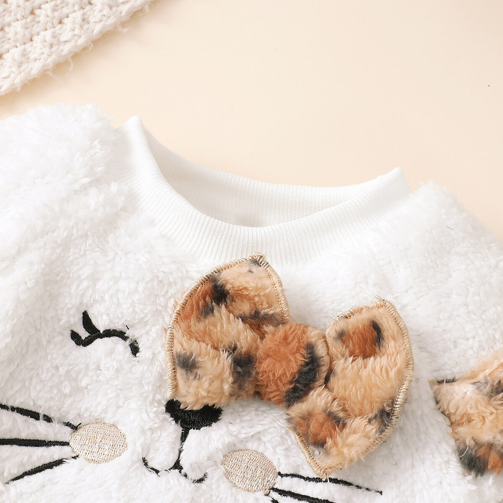 0-3 Years Toddler Baby Girl 3pcs Winter Clothing Set Cat Print Long Sleeved Shirt Leopard Skirt with Hat Fashion Cute Style Infant Baby