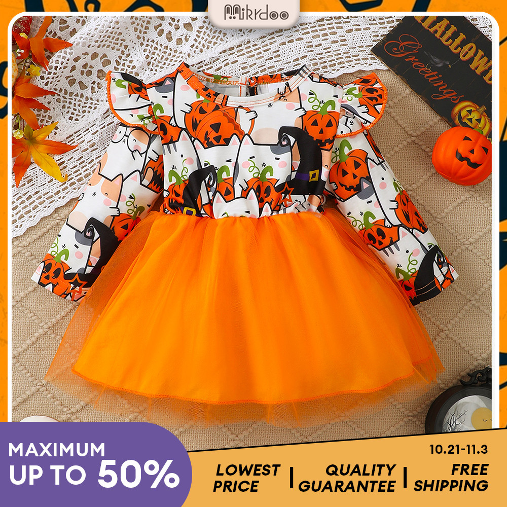 Mikrdoo Halloween Costome Newborn Toddlers Girl Dress 0-3Years Long Flutter Sleeve Lace Skirt Lovely Pumpkin Print Girl Baby Clothing