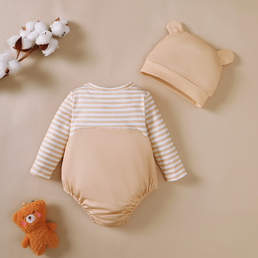 【 1-18 months 】 Baby khaki long sleeved jumpsuit | Cartoon bear print hooded crawling suit | Spring and Autumn baby jumpsuit | Soft and skin friendly baby clothes