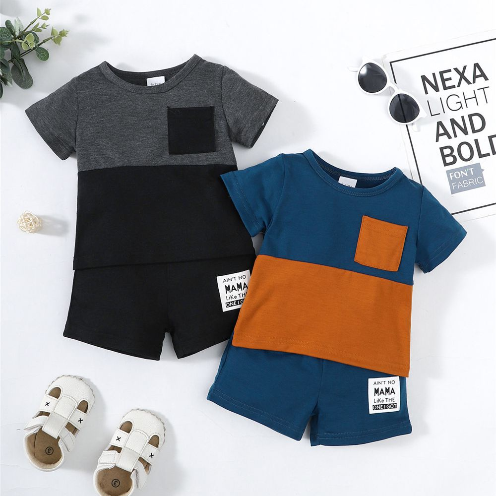 1-4 Years Kids Boy Summer Short Sleeved Suit 2PCS Clothes Set Brown Pocket Patchwork Plain Color T-shirt + Blue Shorts Sport Style All Match Casual Fashion Birthday Party Outfit