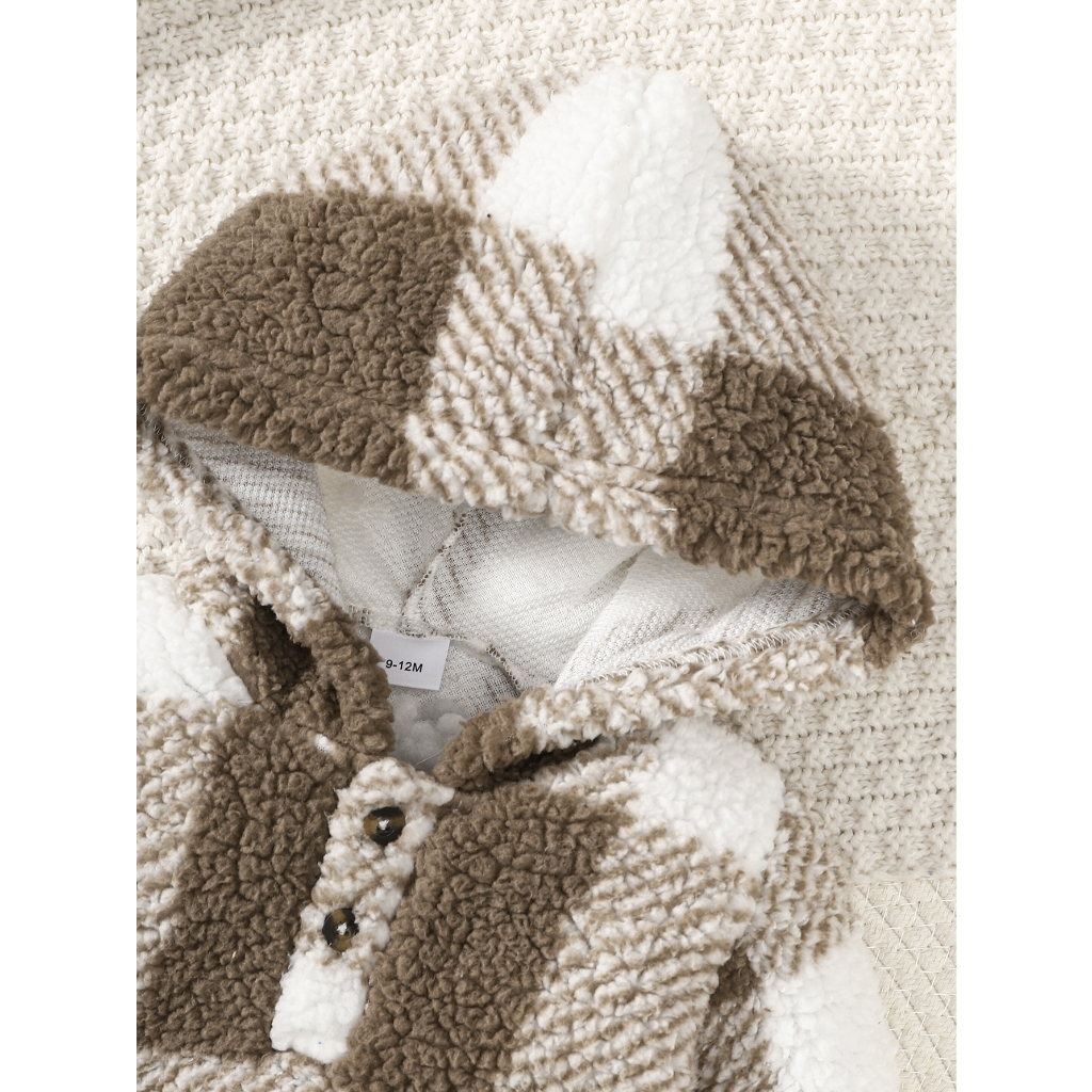 【3-24M】 Baby Boy Khaki Plaid Hooded Fleece Jumpsuit | Autumn Winter Warm Crawling Suit | Plush Long-Sleeve Outdoor Romper for Infants