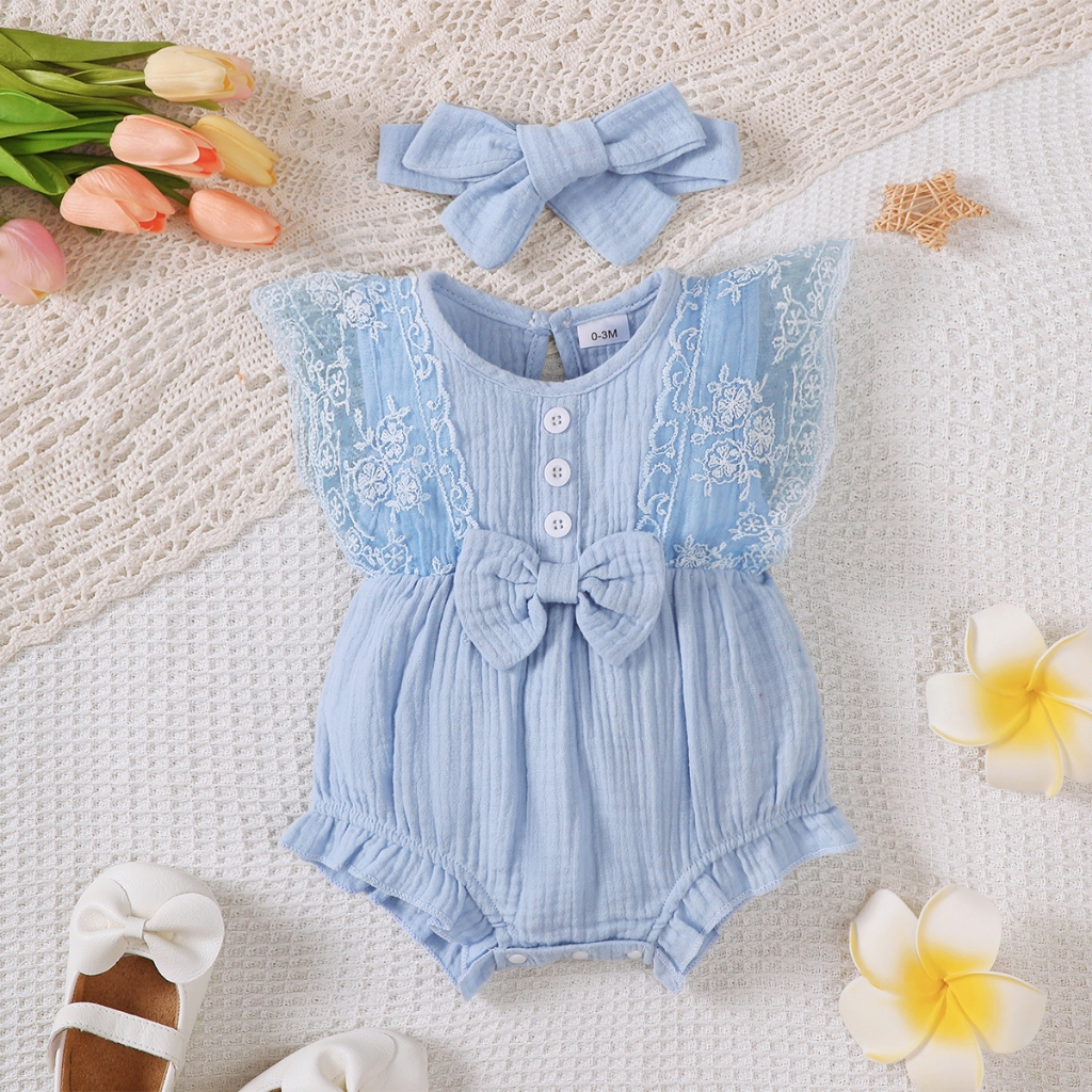 0-18 Months Newborn&Toddler Baby Girl Sleeveless Lace Hoodie Paired with The Same Butterfly Bow Headband, Breathable and Comfortable Princess Style Climbing Suit