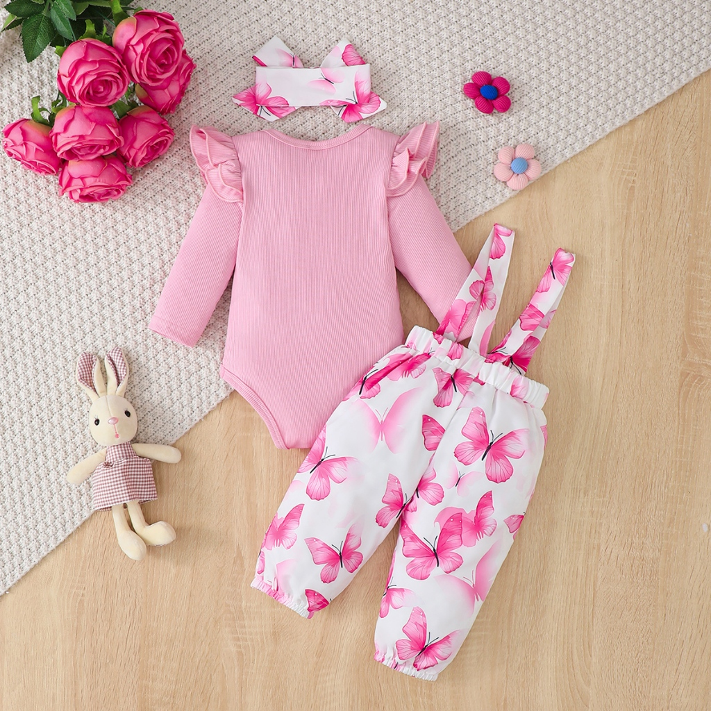 Girl's pink long sleeved hoodie+butterfly printed overalls set baby jumpsuit 0-24 months with headband for fashionable outdoor wear