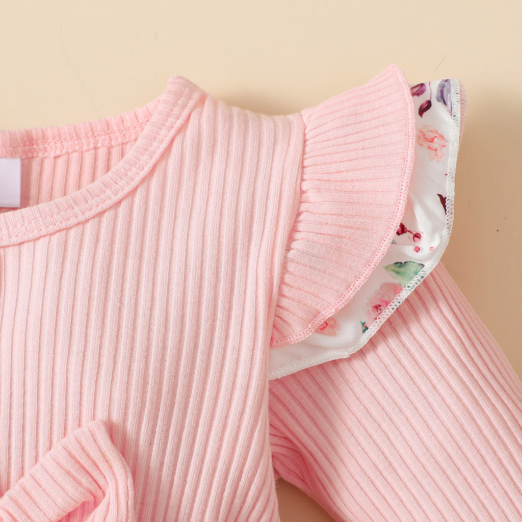 0-18 Months Romper Baby Girl 2 Clothes Set Toddler Baby Girl Pink Long Sleeved Ribbed Bodysuit Fly Sleeve Floral Skirt Infant Baby Wear Party Photograph Fashion Cute Outfit