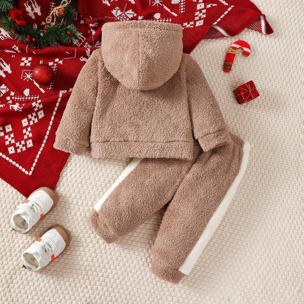 2pcs 0-3Years Toddler Baby Boy  Winter Christmas Clothing Set Plush Deer Print Hooded Sweatshirt with Pants Fashion Warm for Kid Wear