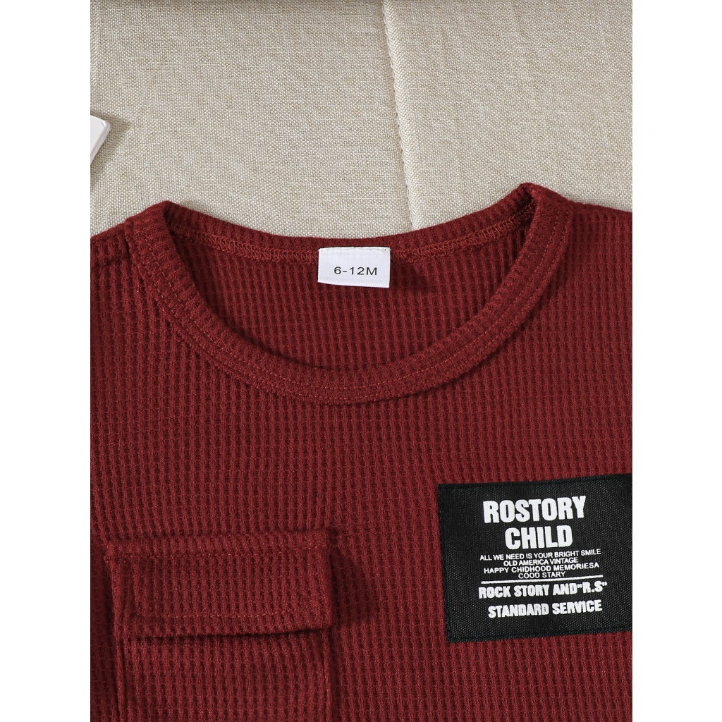 【6M-3Y】 2-Piece Baby Boys Outfit: Waffle Knit Color-Block T-Shirt with Letter Print + Matching Shorts with Cargo Pockets – Summer Casual Set