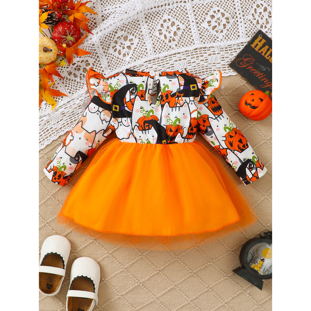 Mikrdoo Halloween Costome Newborn Toddlers Girl Dress 0-3Years Long Flutter Sleeve Lace Skirt Lovely Pumpkin Print Girl Baby Clothing