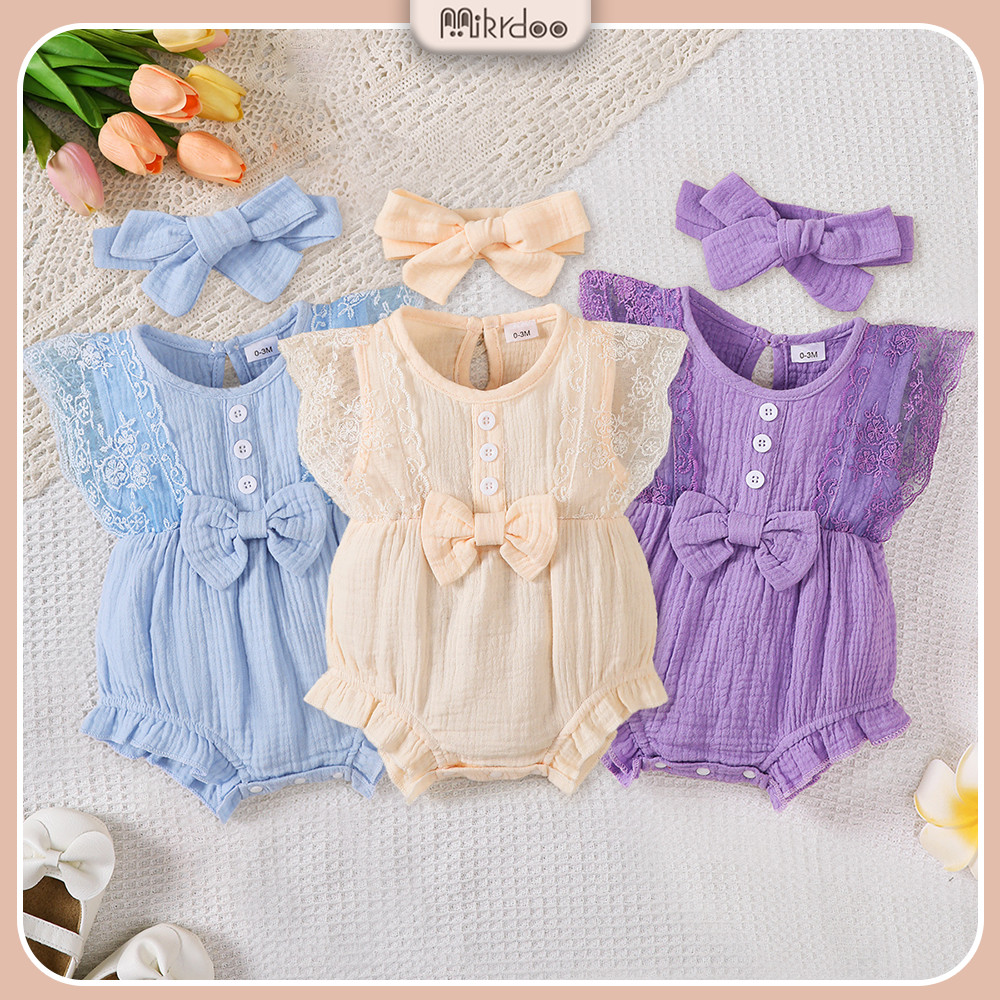 0-18 Months Newborn&Toddler Baby Girl Sleeveless Lace Hoodie Paired with The Same Butterfly Bow Headband, Breathable and Comfortable Princess Style Climbing Suit