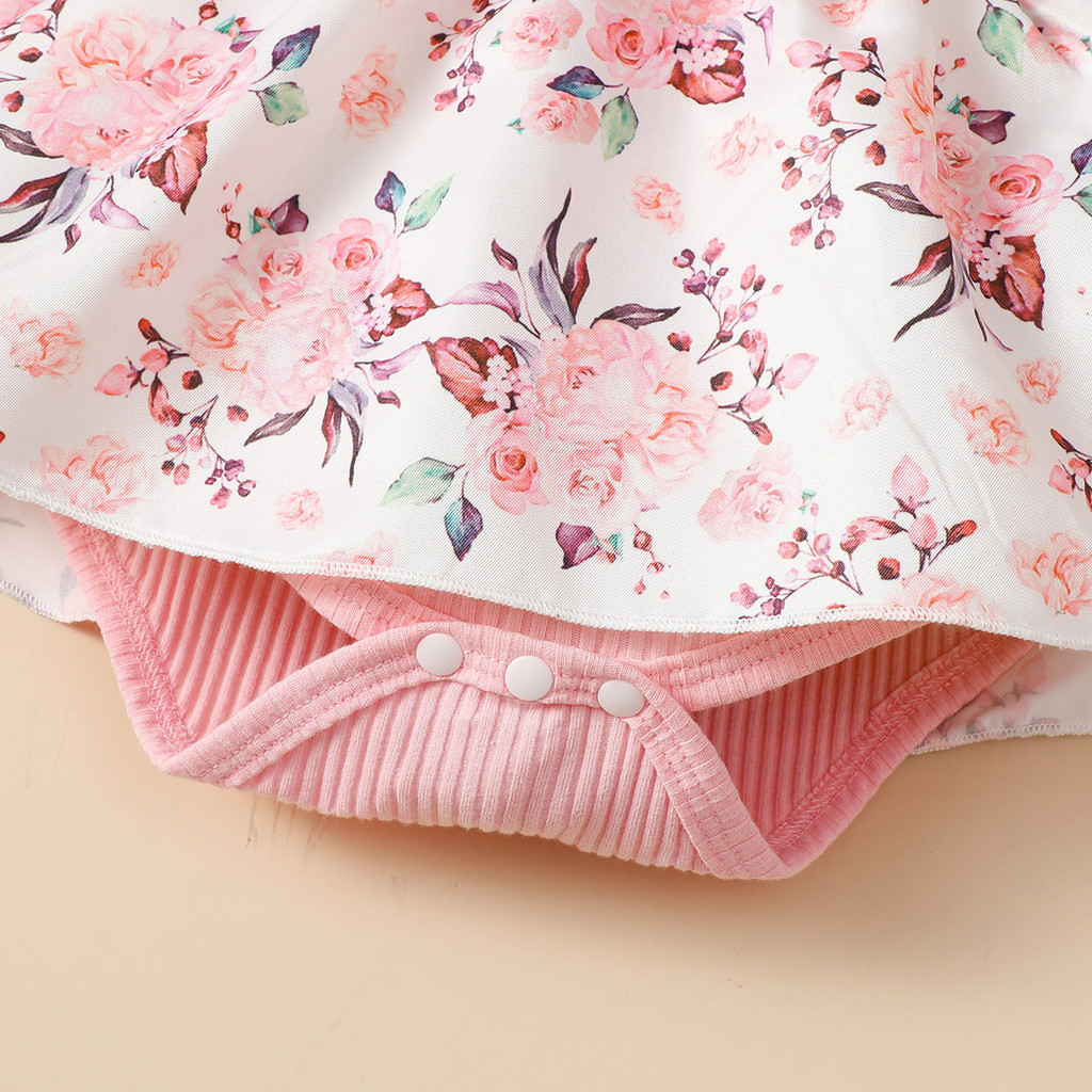 0-18 Months Romper Baby Girl 2 Clothes Set Toddler Baby Girl Pink Long Sleeved Ribbed Bodysuit Fly Sleeve Floral Skirt Infant Baby Wear Party Photograph Fashion Cute Outfit