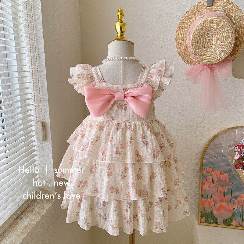 1-6Years Kid Girl Princess Dresses Sleeveless Sling Ruffle Floral Print Tiered Dress Fashion Cute Style Child Girl Daily Party Wear